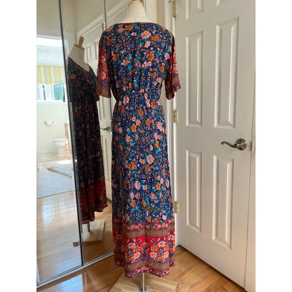 Pretty Garden Multicolor Floral Short Sleeve Cinch Waist Lightweight Maxi Dress - Picture 3 of 11